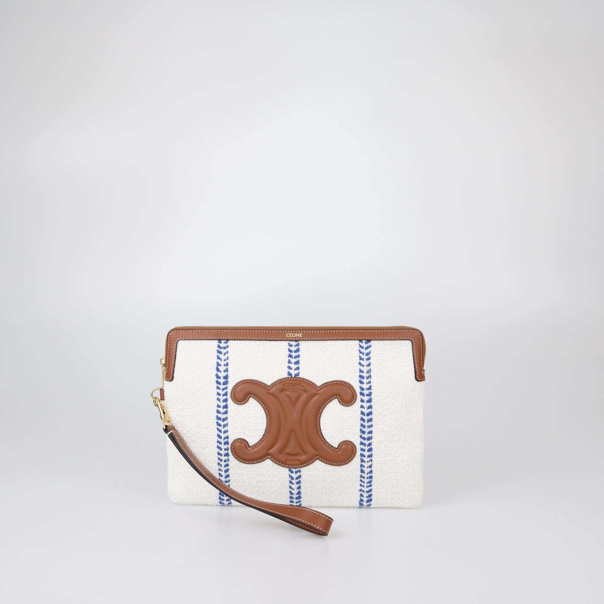 Celine White/Brown Triomphe Tweed Pouch w/ Strap Womens Celine 