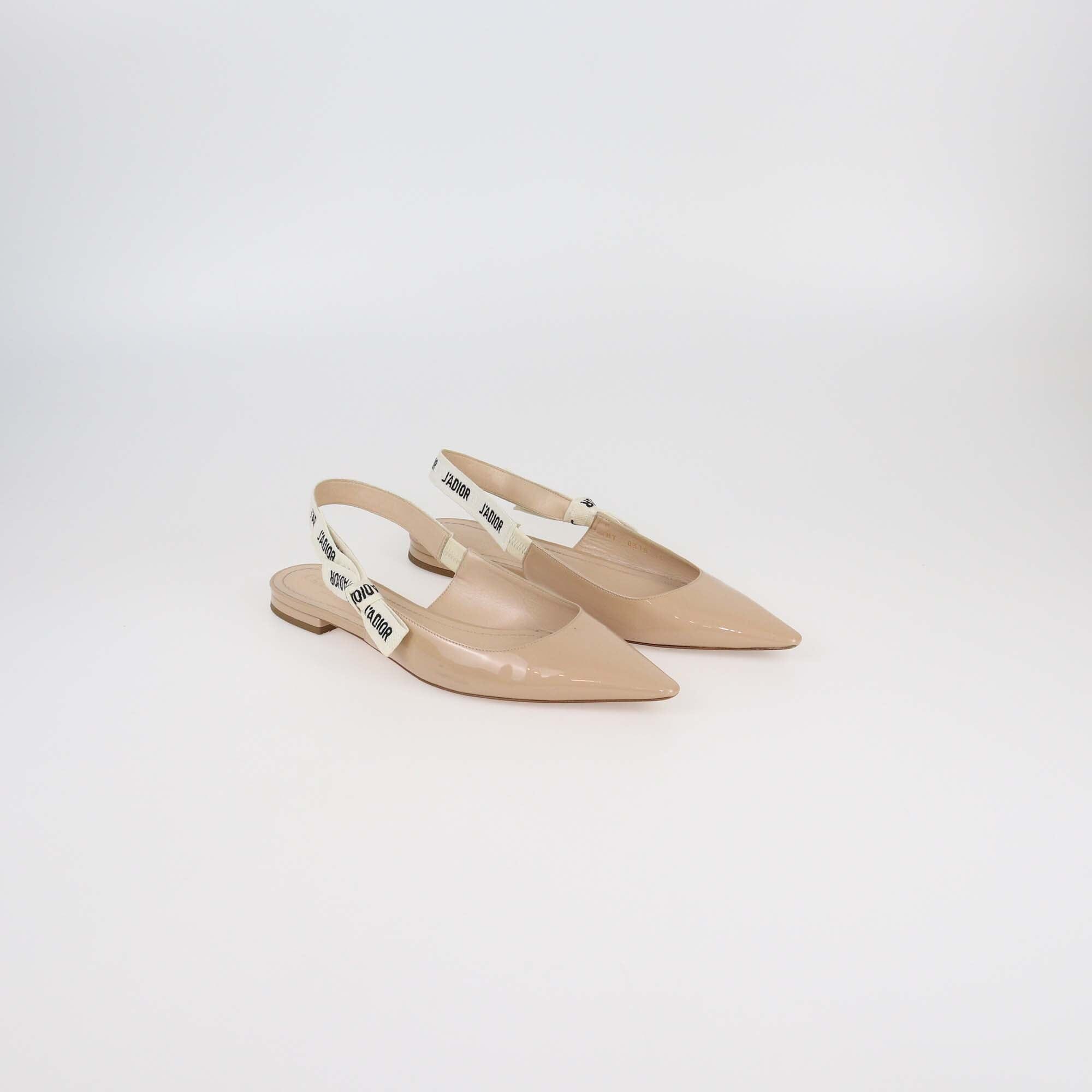 Christian Dior Beige Patent Leather J'Adior Slingback Flat Pumps Womens Christian Dior 