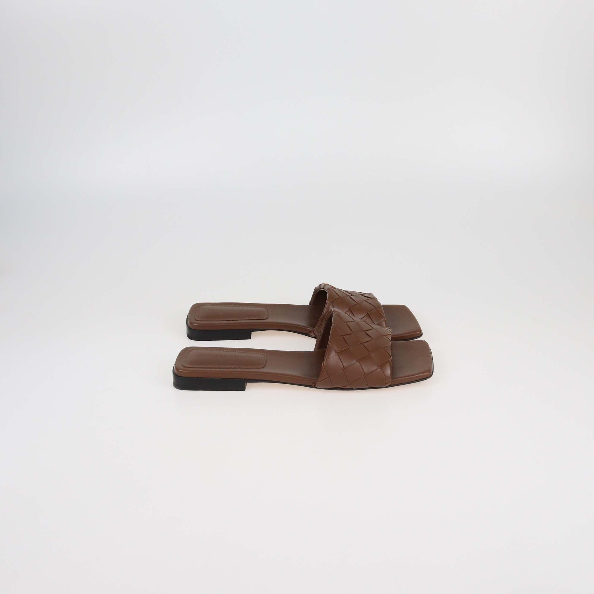 Bottega Veneta Brown Intrecciato Leather Parco Flat Mules Womens Bottega Veneta 