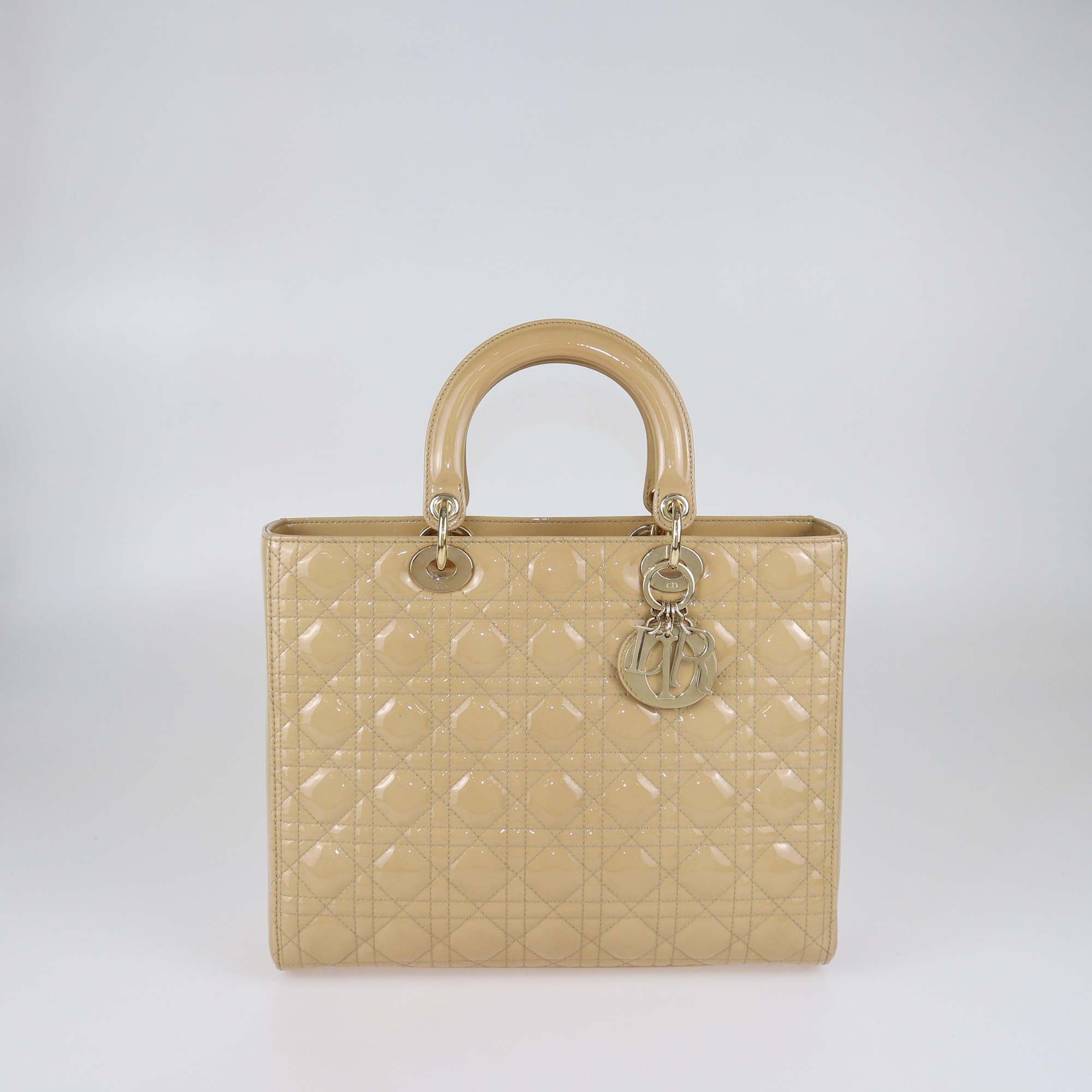 Christian Dior Beige Cannage Patent Leather Large Lady Dior Tote