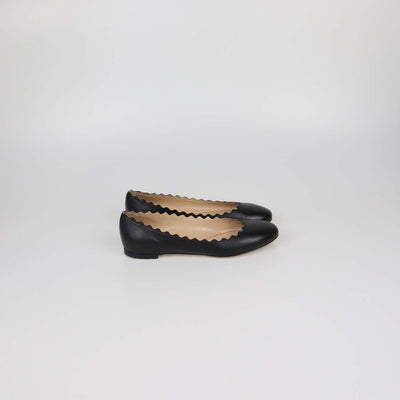 Chloe Black Leather Scalloped Lauren Ballet Flats