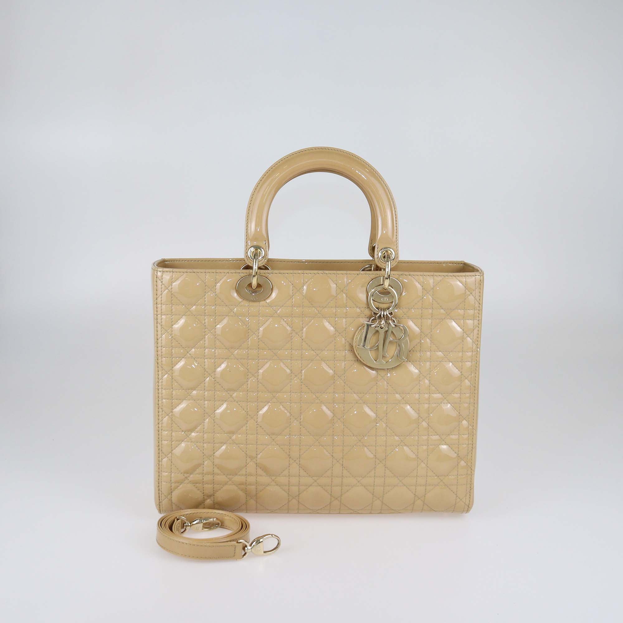 Christian Dior Beige Cannage Patent Leather Large Lady Dior Tote
