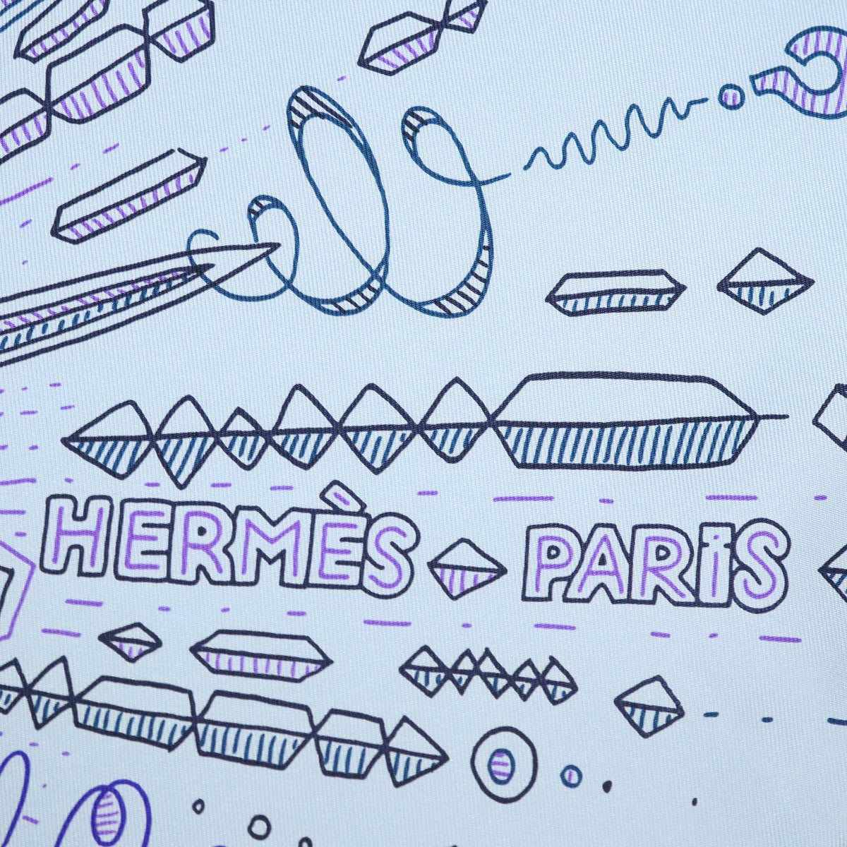 Hermes Blue Ciel, Encre, Violet Silk Please Hold The Line Scarf 90