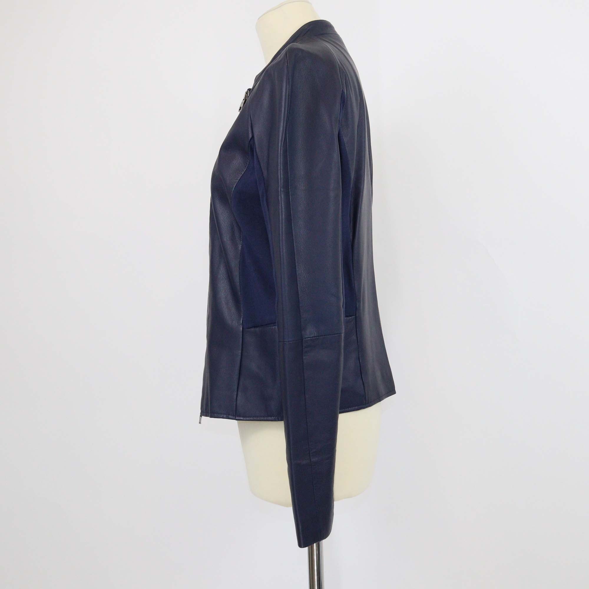 Emporio Armani Navy Blue Leather Cotton Blend Long Sleeve Jacket