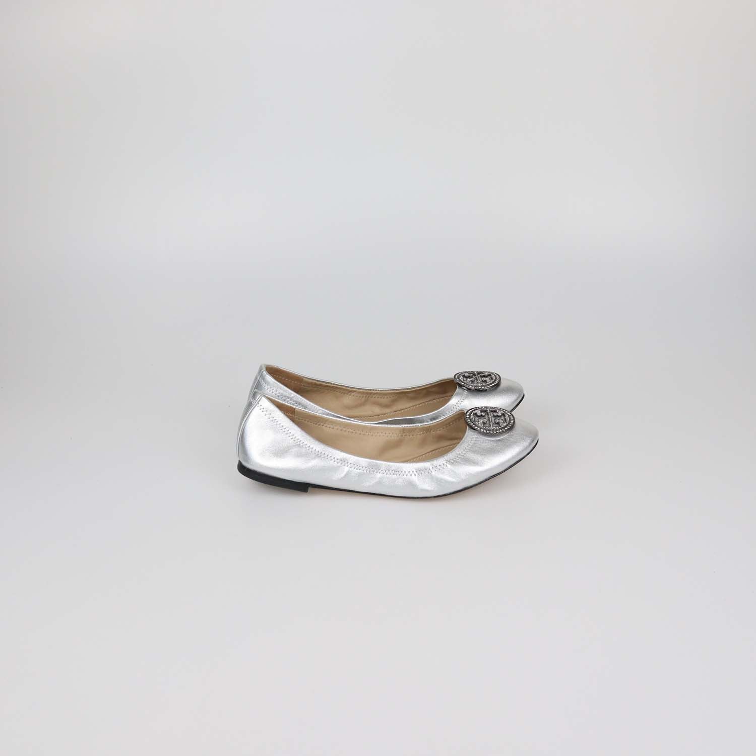 Tory Burch Silver Leather Crystal Logo Ballet Flats
