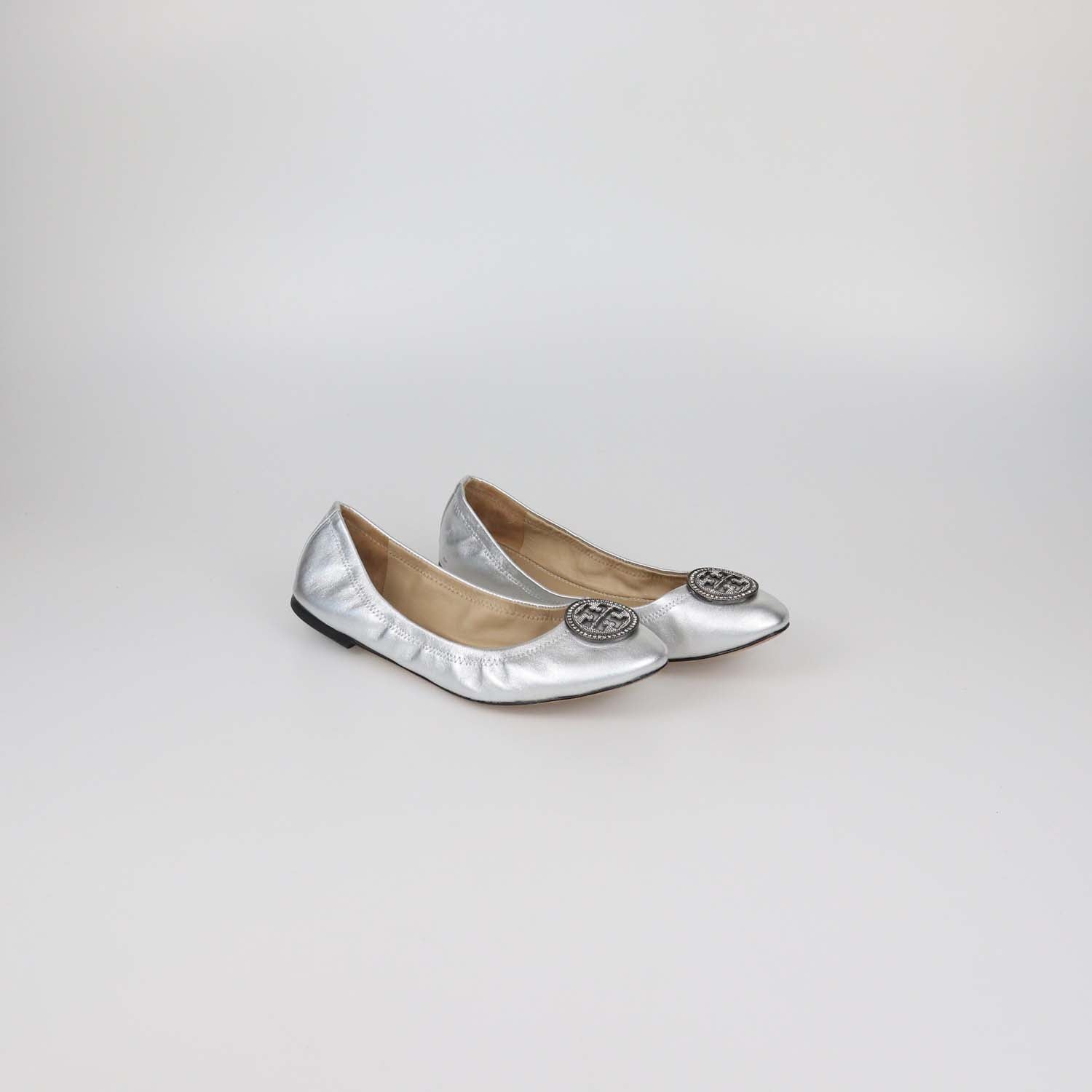 Tory Burch Silver Leather Crystal Logo Ballet Flats