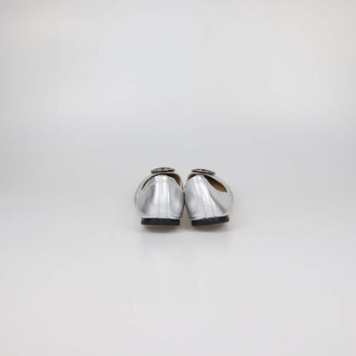 Tory Burch Silver Leather Crystal Logo Ballet Flats