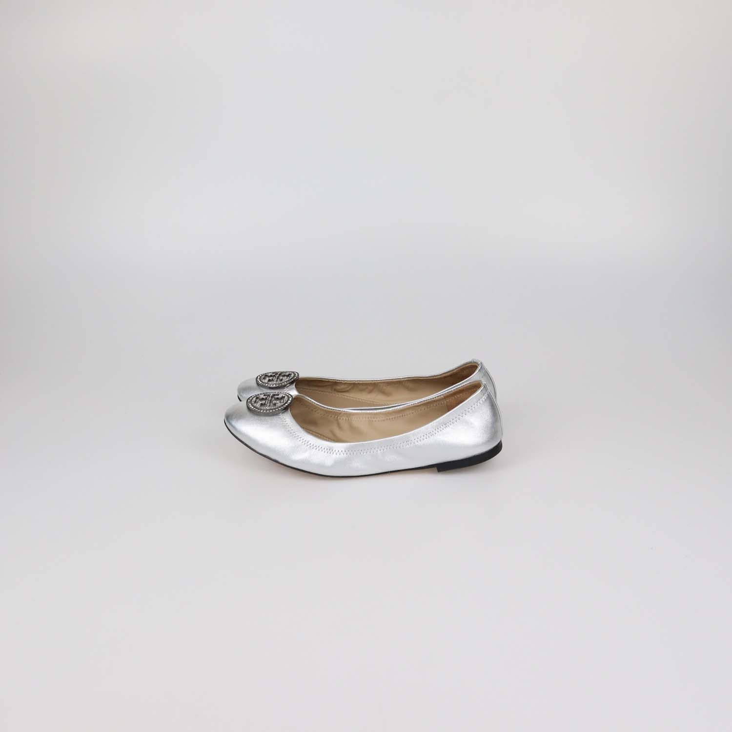 Tory Burch Silver Leather Crystal Logo Ballet Flats