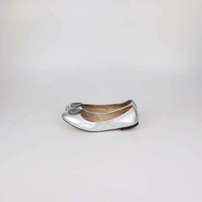 Tory Burch Silver Leather Crystal Logo Ballet Flats