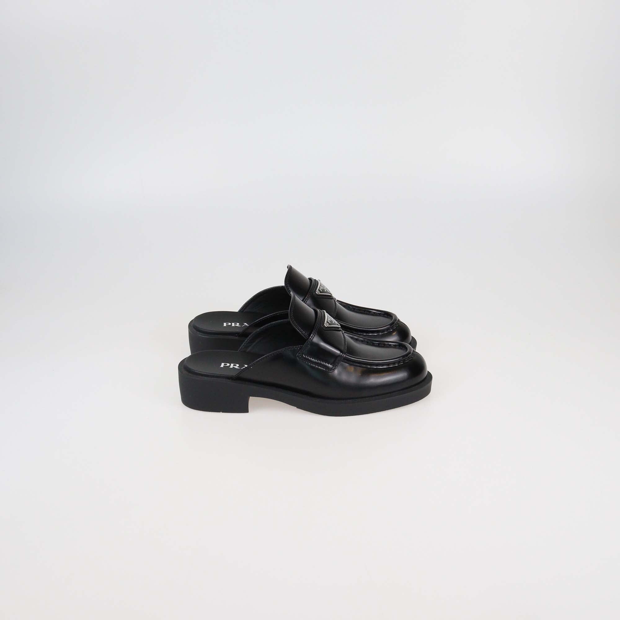 Prada Black Brushed Leather Logo Mules Womens Prada 