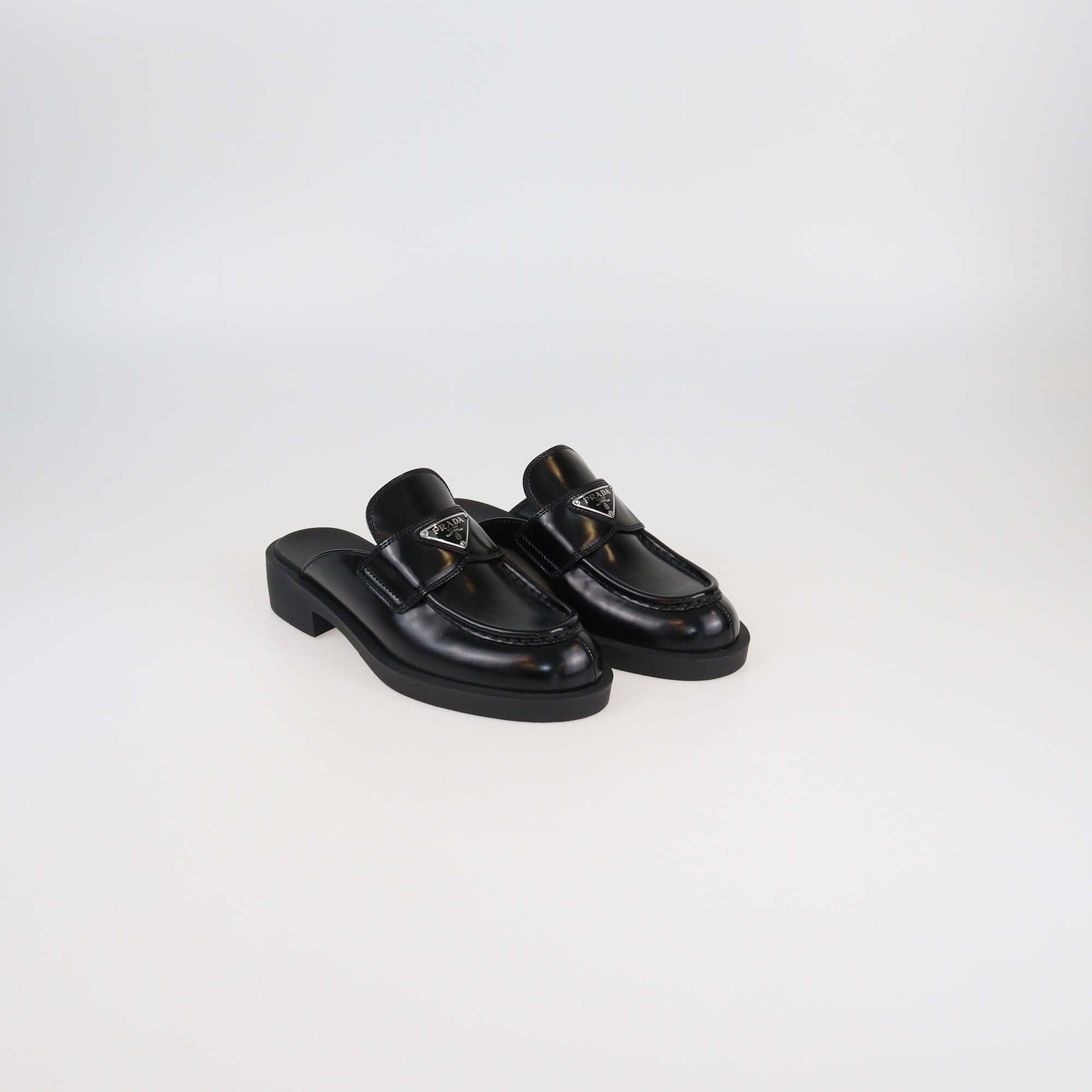 Prada Black Brushed Leather Logo Mules Womens Prada 