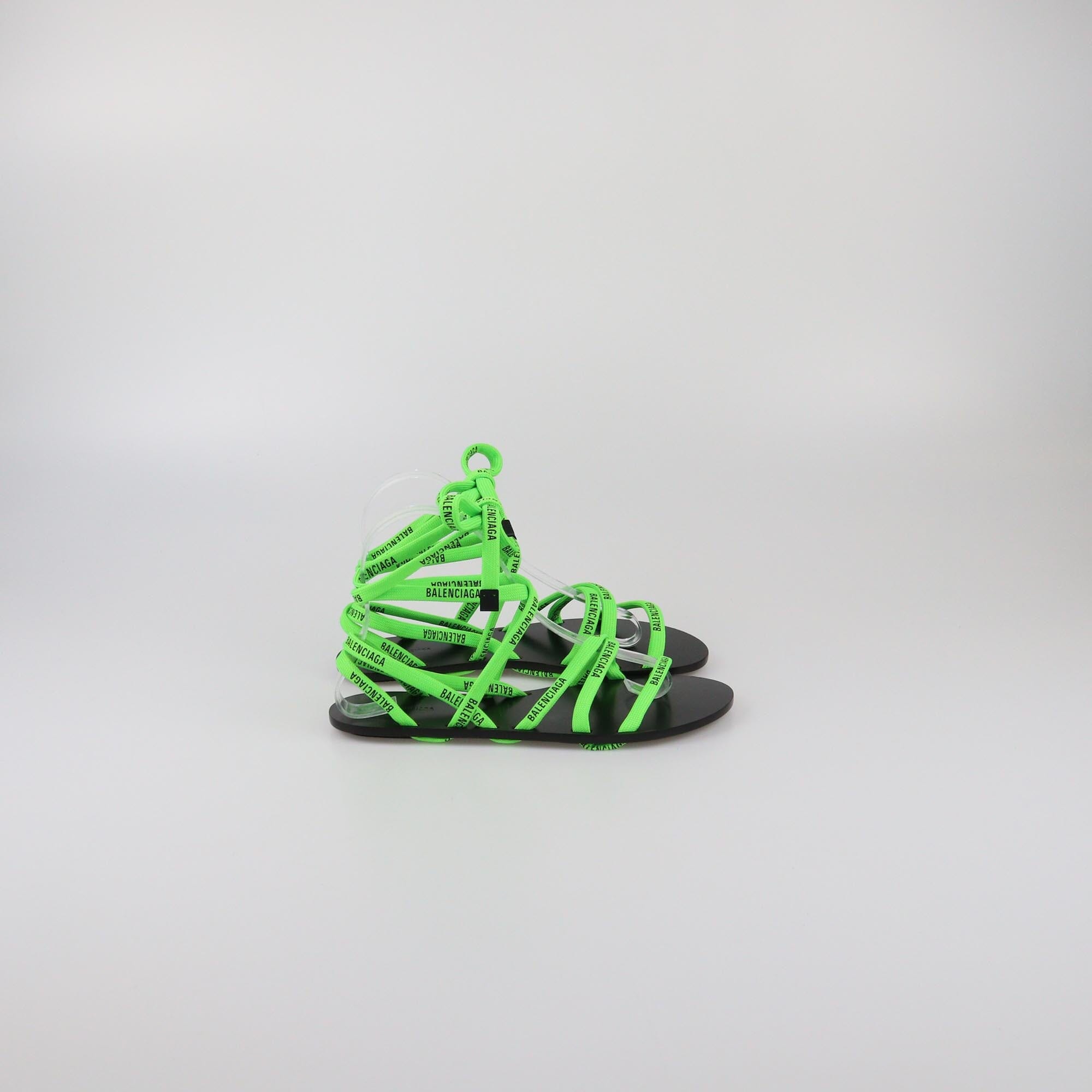 Balenciaga Black/Green Fabric Logo Ankle Wrap Flat Sandals Womens Balenciaga 