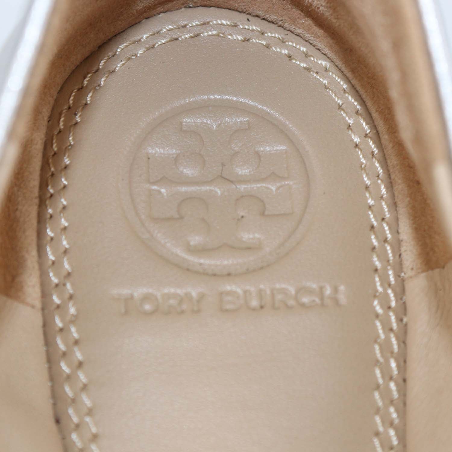 Tory Burch Silver Leather Crystal Logo Ballet Flats