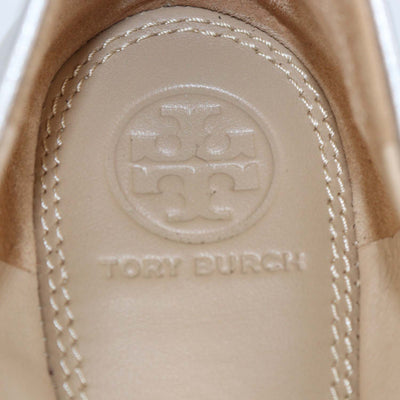 Tory Burch Silver Leather Crystal Logo Ballet Flats