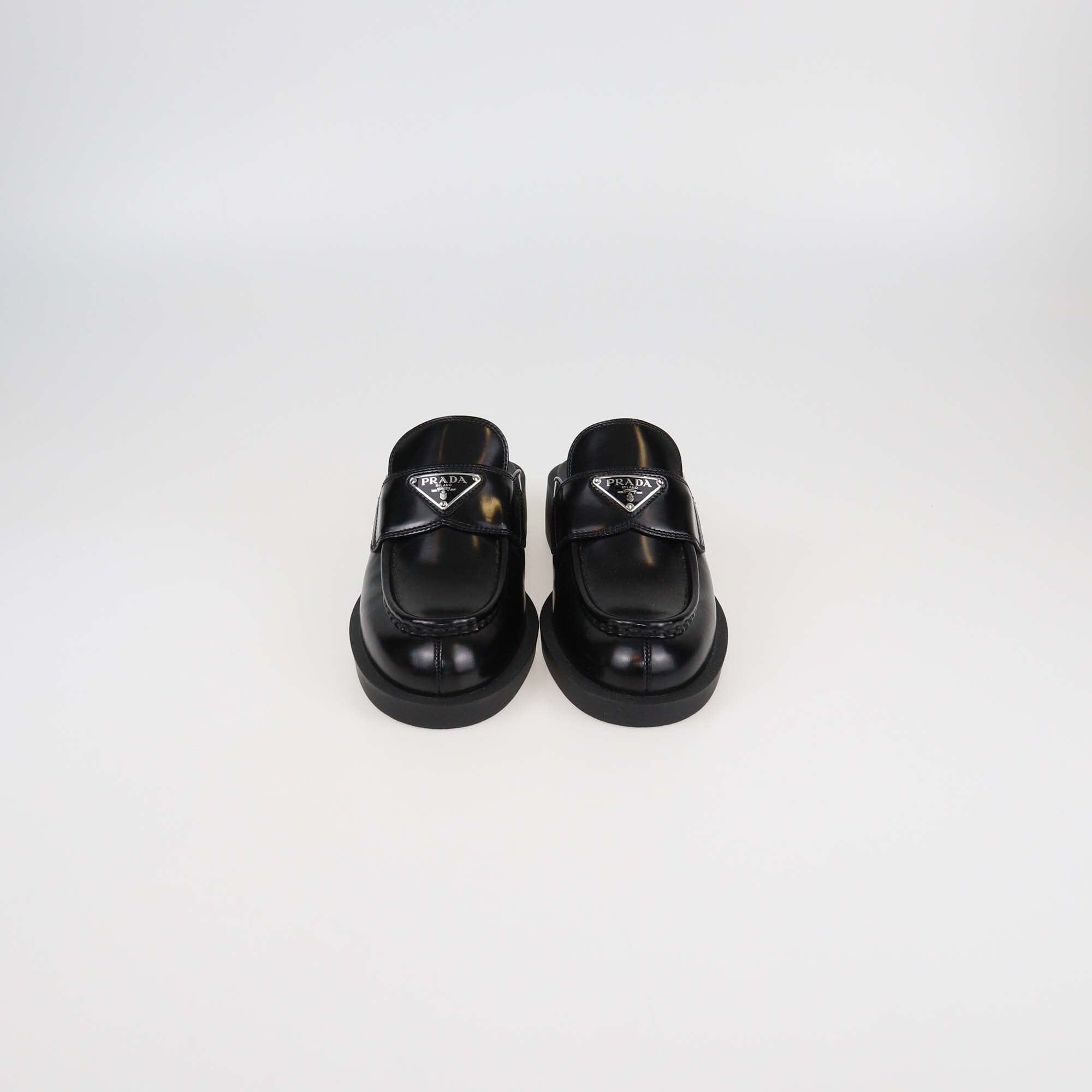 Prada Black Brushed Leather Logo Mules Womens Prada 
