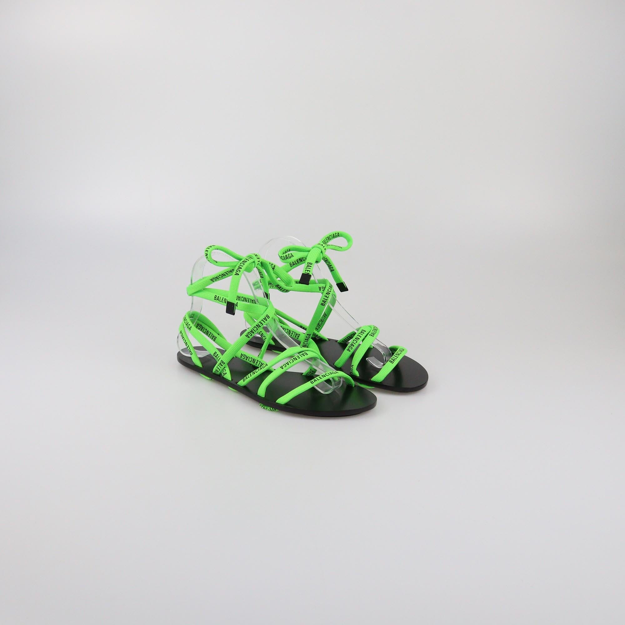 Balenciaga Black/Green Fabric Logo Ankle Wrap Flat Sandals Womens Balenciaga 