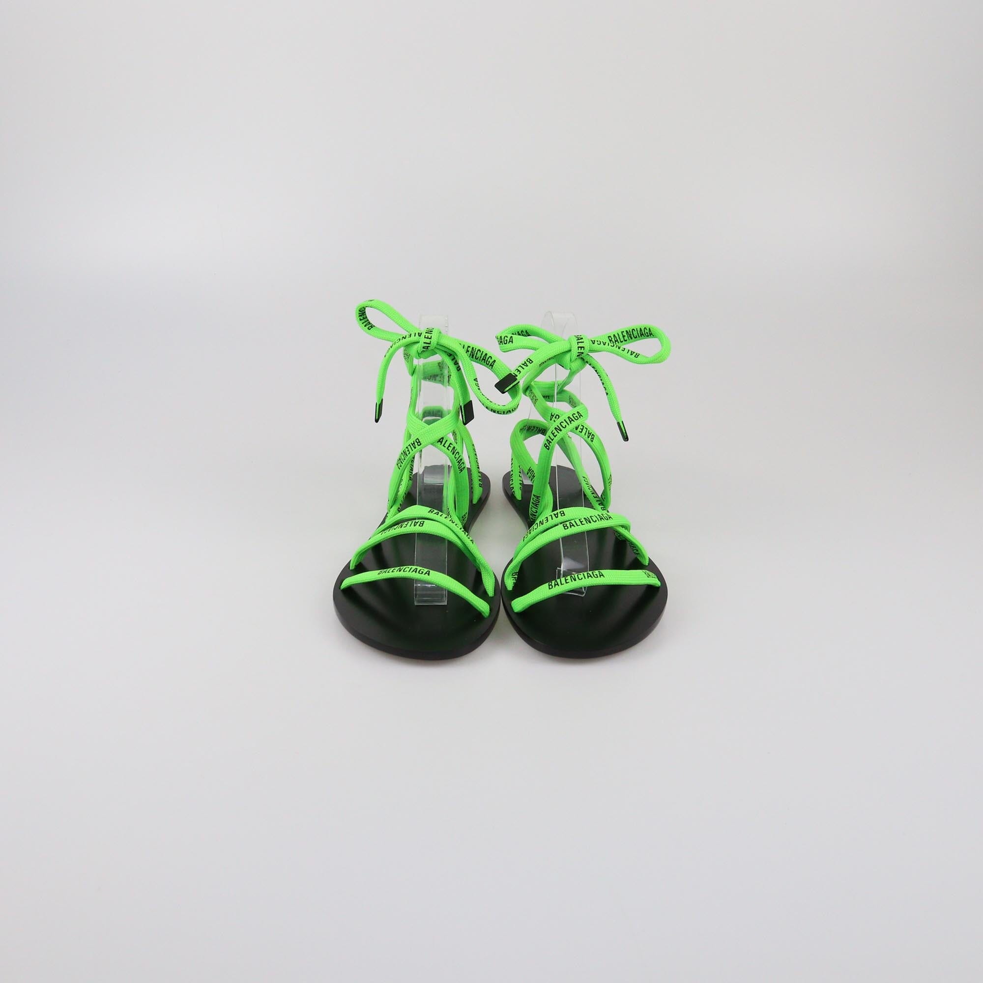 Balenciaga Black/Green Fabric Logo Ankle Wrap Flat Sandals Womens Balenciaga 
