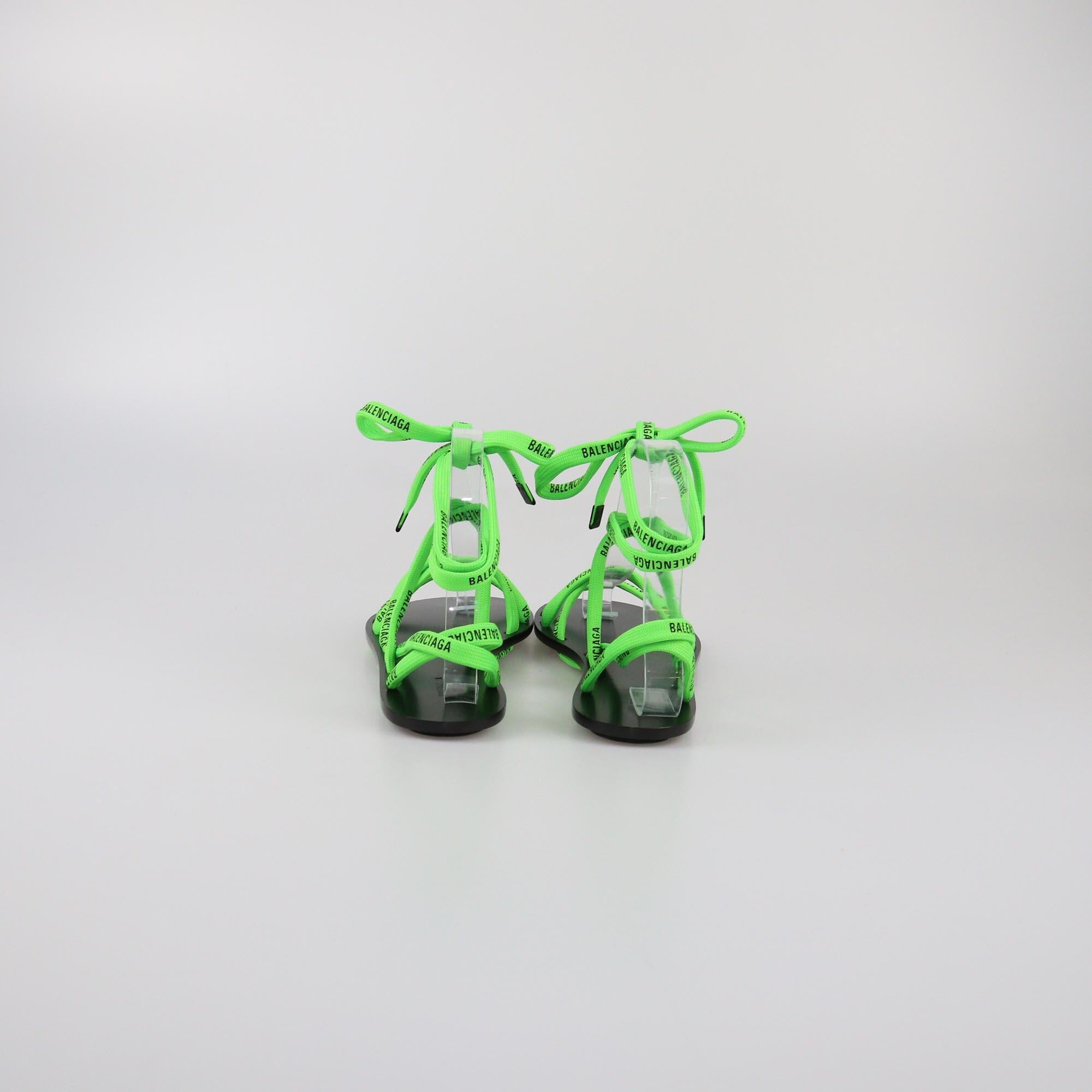 Balenciaga Black/Green Fabric Logo Ankle Wrap Flat Sandals Womens Balenciaga 