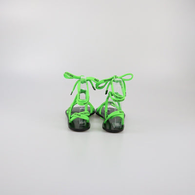 Balenciaga Black/Green Fabric Logo Ankle Wrap Flat Sandals Womens Balenciaga 