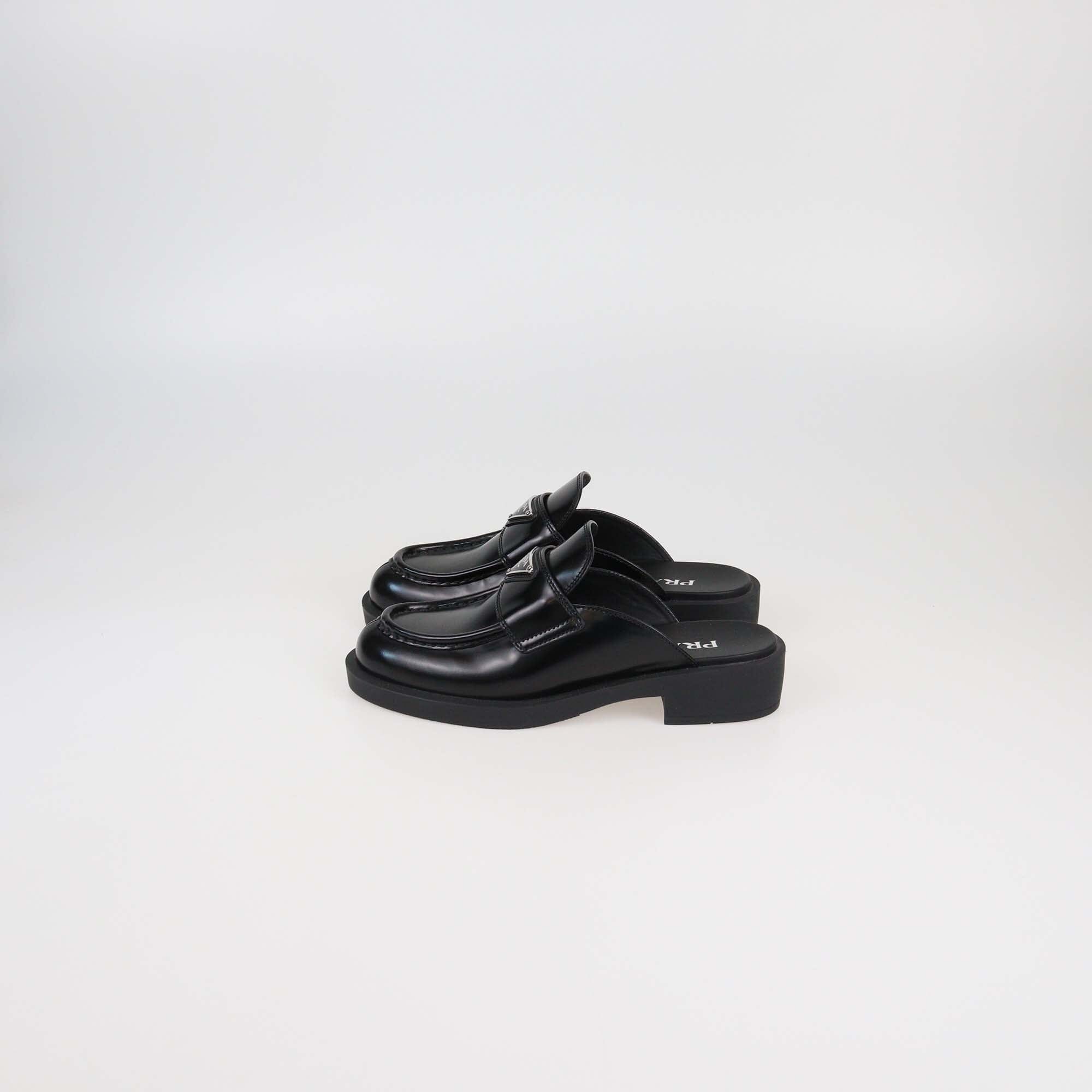 Prada Black Brushed Leather Logo Mules Womens Prada 