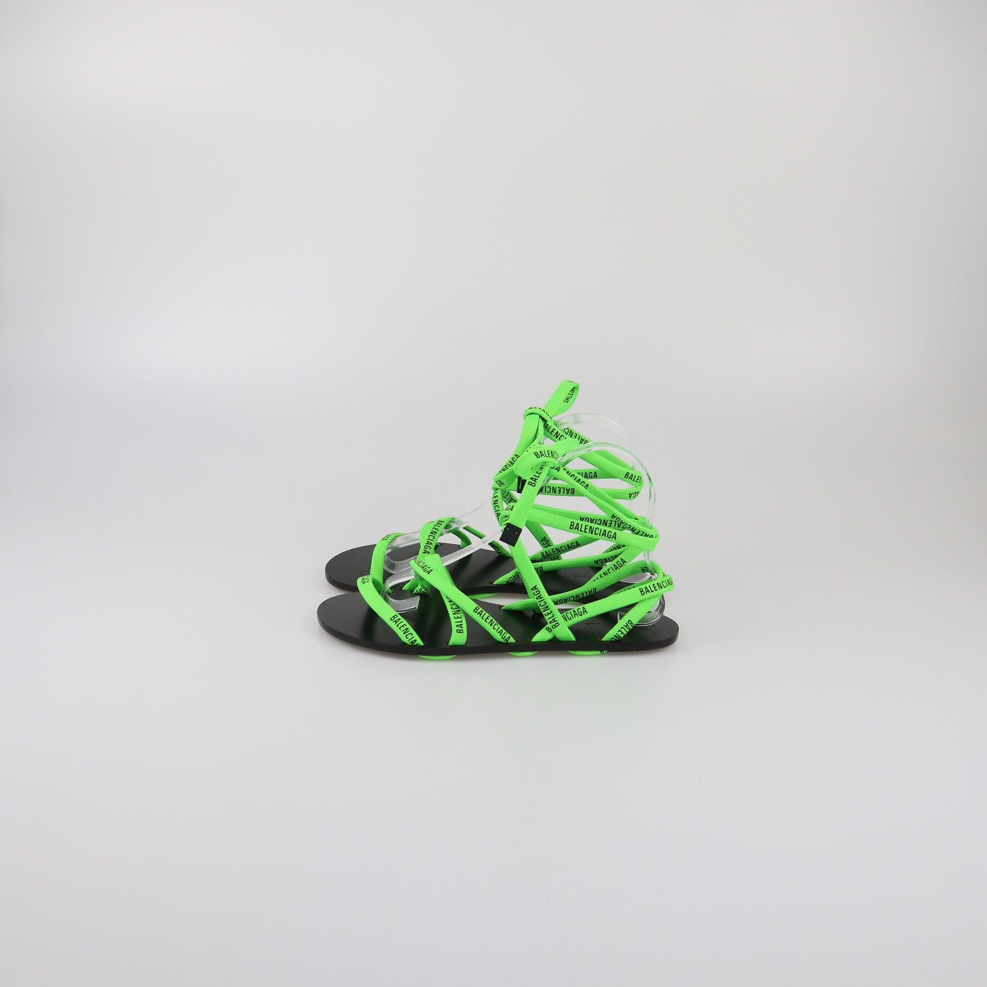 Balenciaga Black/Green Fabric Logo Ankle Wrap Flat Sandals Womens Balenciaga 