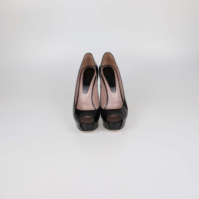 Gucci Black Patent Leather Platform Peep Toe Pumps