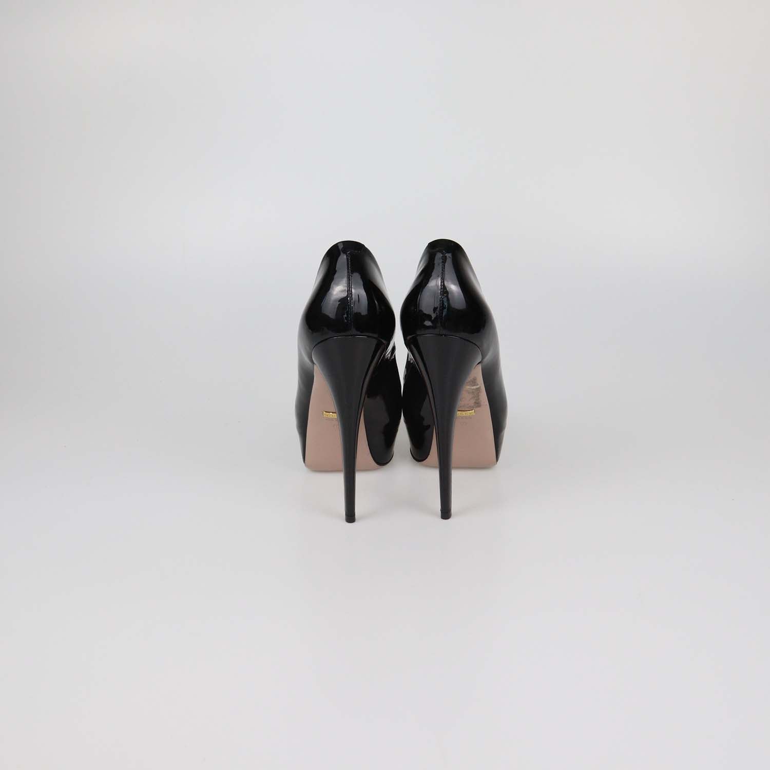 Gucci Black Patent Leather Platform Peep Toe Pumps