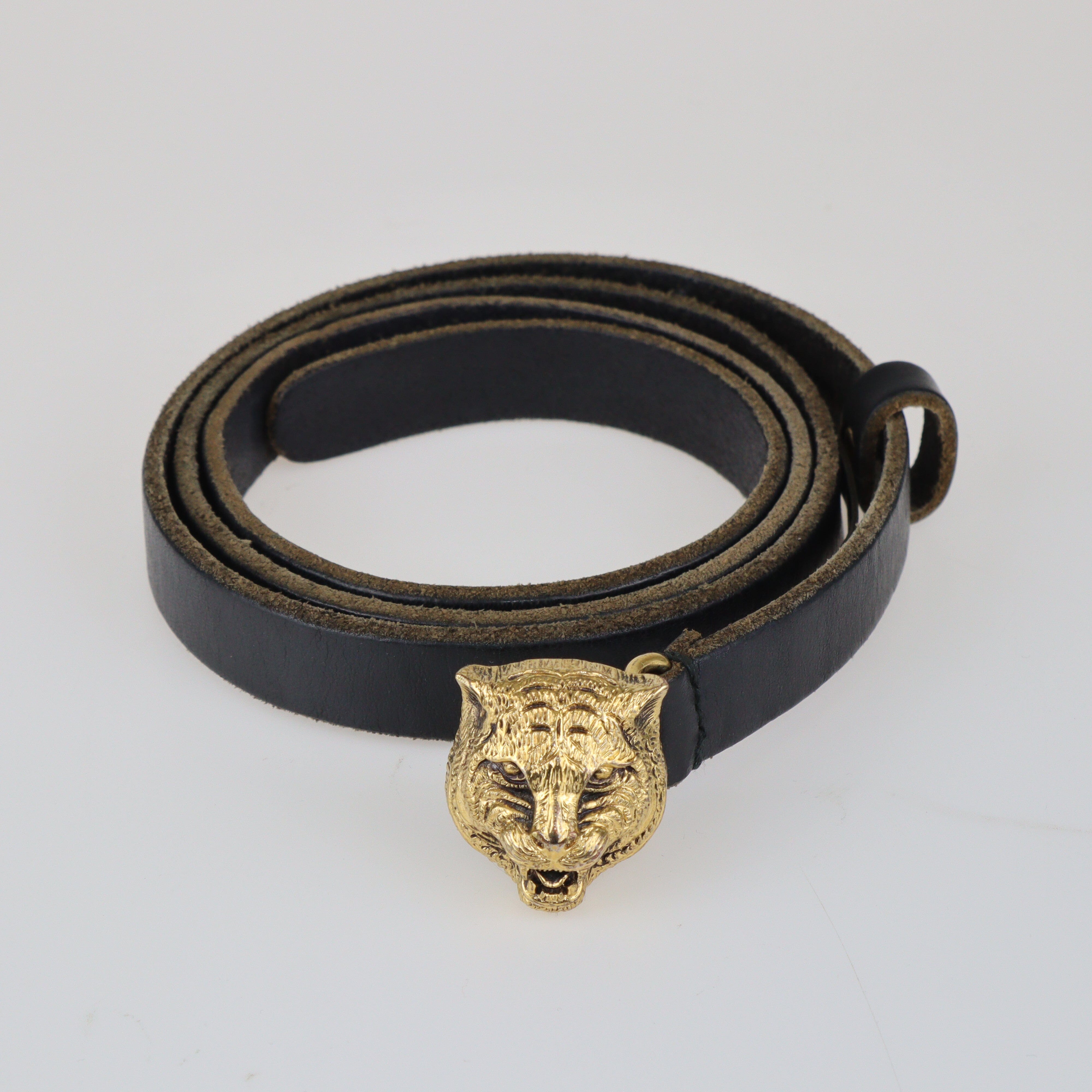 Black Lion Buckle Slim Belt Accessories Gucci 