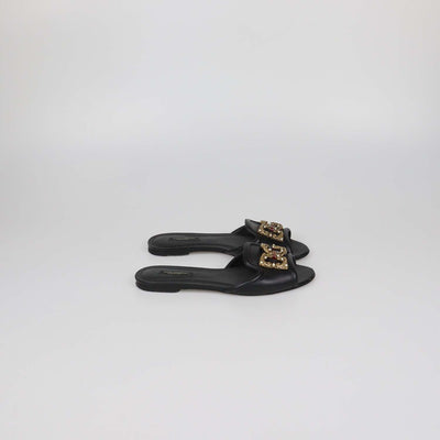 Dolce & Gabbana Black Leather DG Amore Flat Slides
