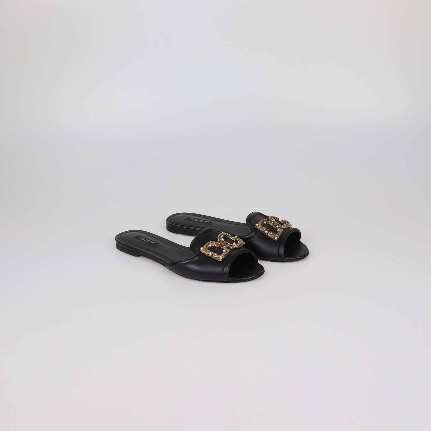 Dolce & Gabbana Black Leather DG Amore Flat Slides