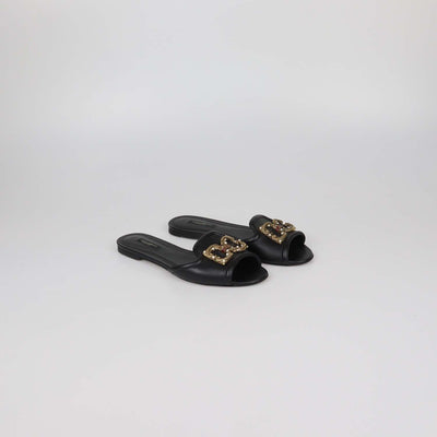 Dolce & Gabbana Black Leather DG Amore Flat Slides