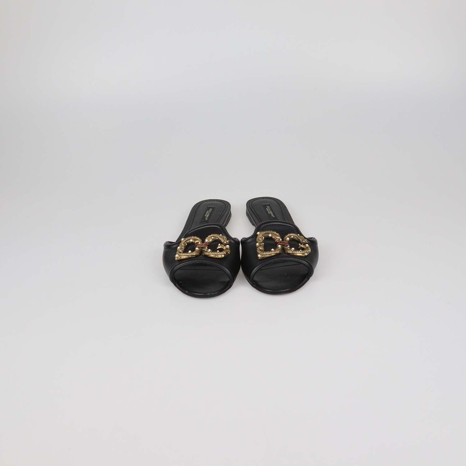 Dolce & Gabbana Black Leather DG Amore Flat Slides