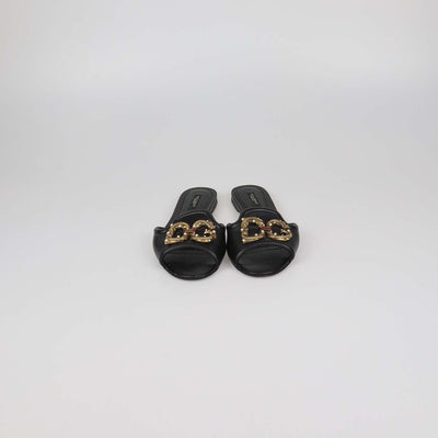 Dolce & Gabbana Black Leather DG Amore Flat Slides