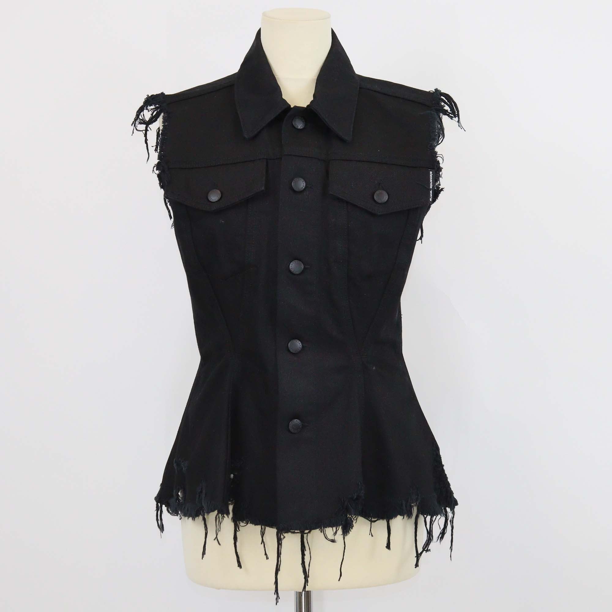 Alexander Wang Black Denim Distressed Sleeveless Jacket