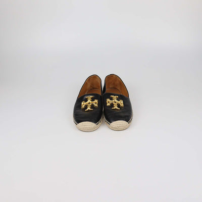 Tory Burch Black Leather Ines Platform Espadrille Flats