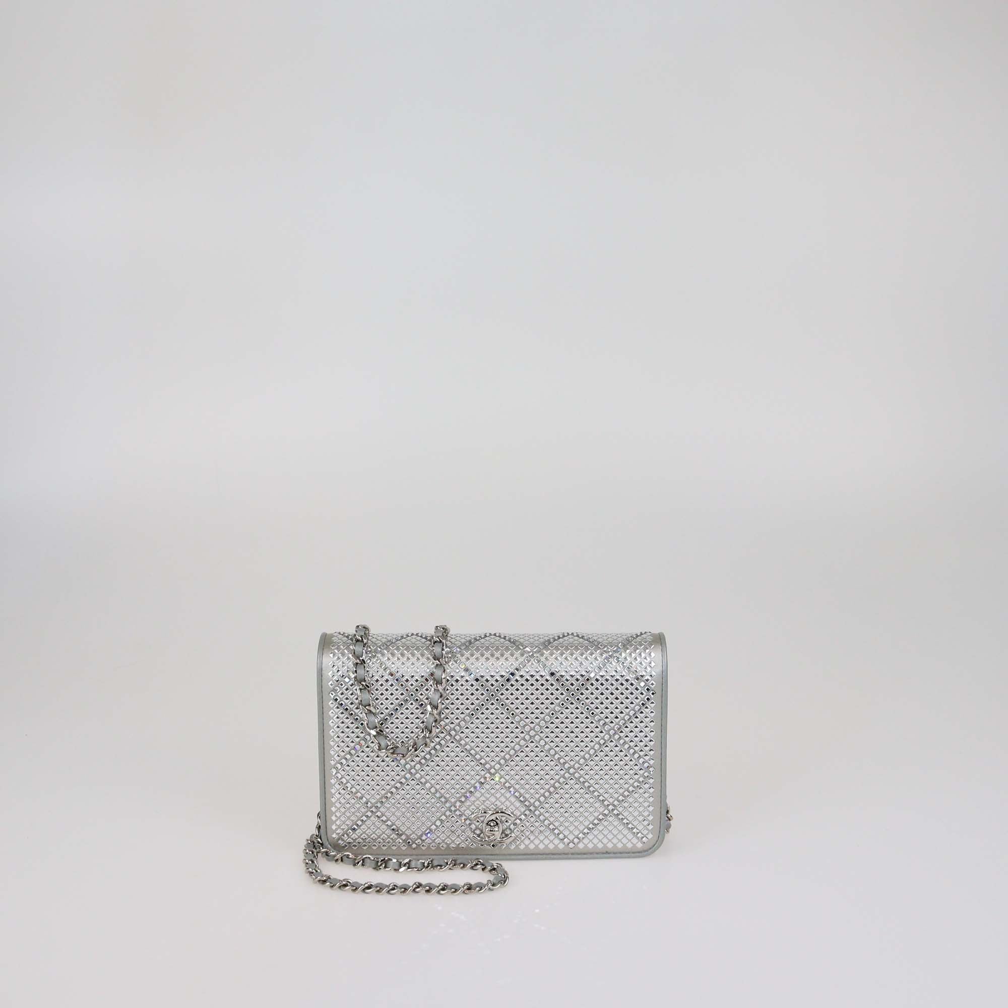 Chanel Grey Satin and Quilted Crystal Studded WOC Bag