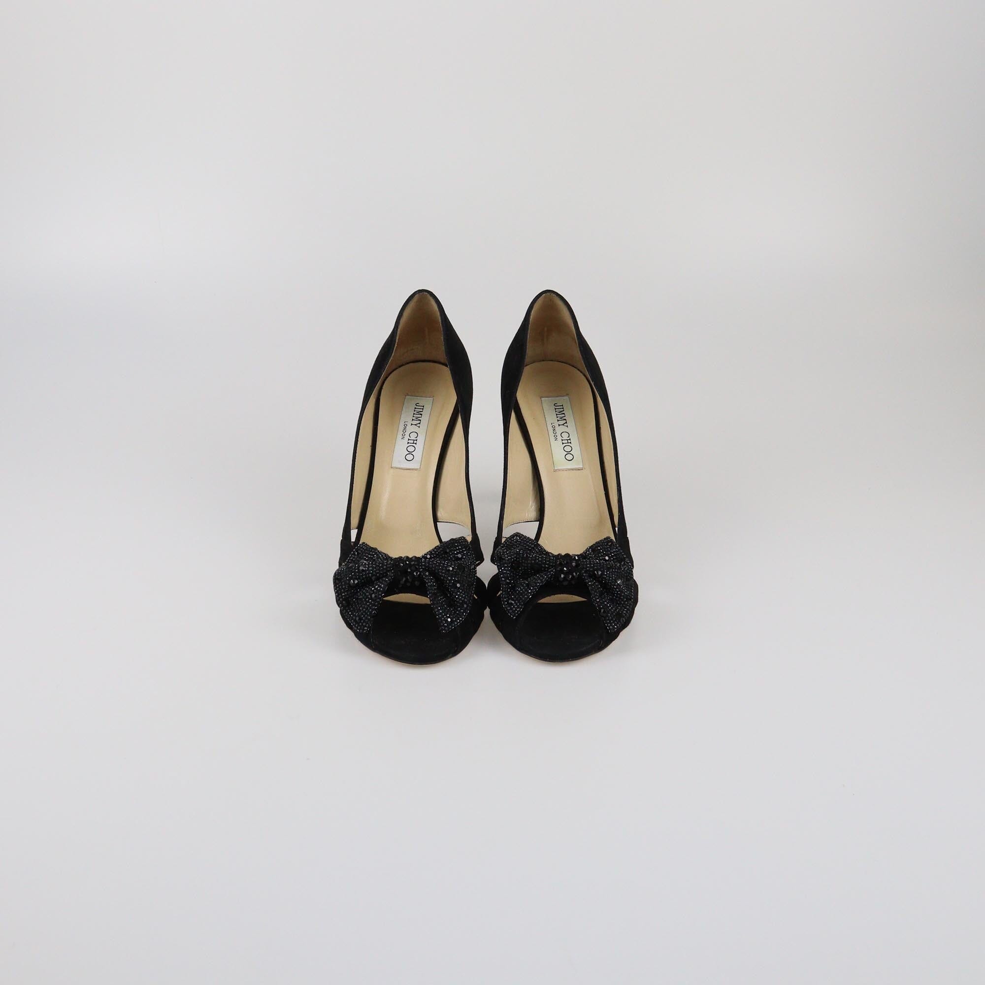 Jimmy Choo Black Talva Crystal Embellished Bow Peep Toe Pumps Womens Jimmy Choo 