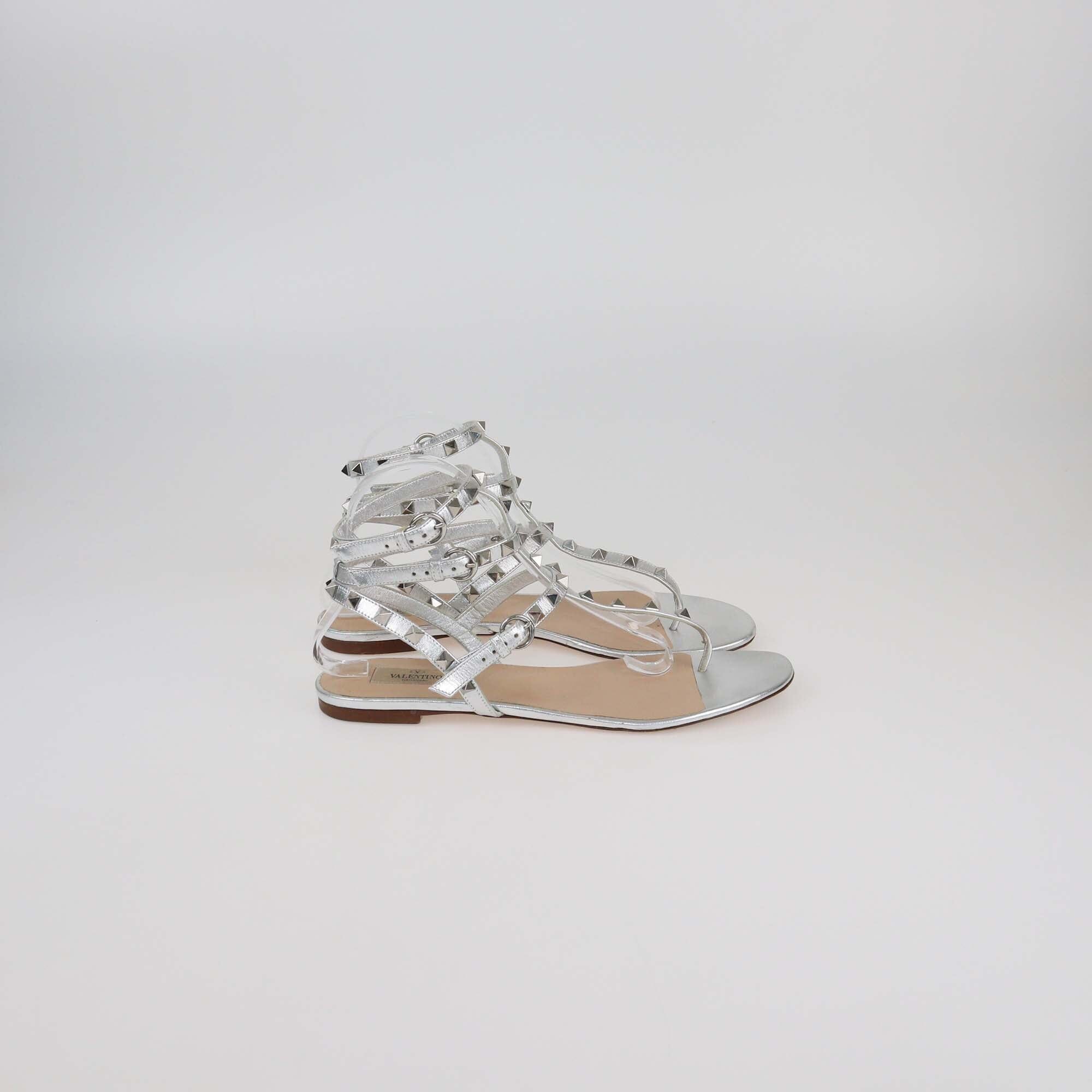 Valentino Silver Leather Rockstud Ankle Strap Flat Sandals Womens Valentino 