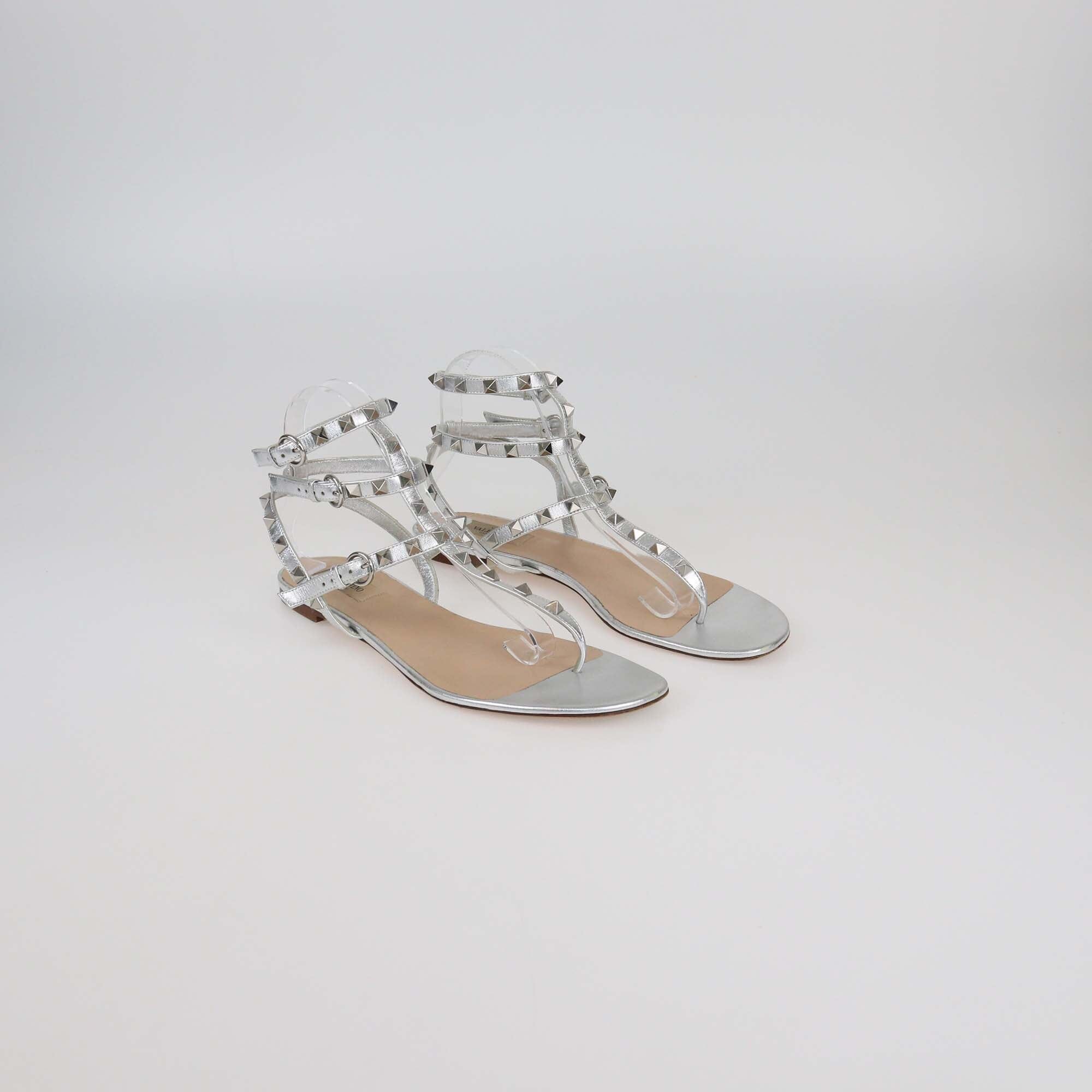 Valentino Silver Leather Rockstud Ankle Strap Flat Sandals Womens Valentino 