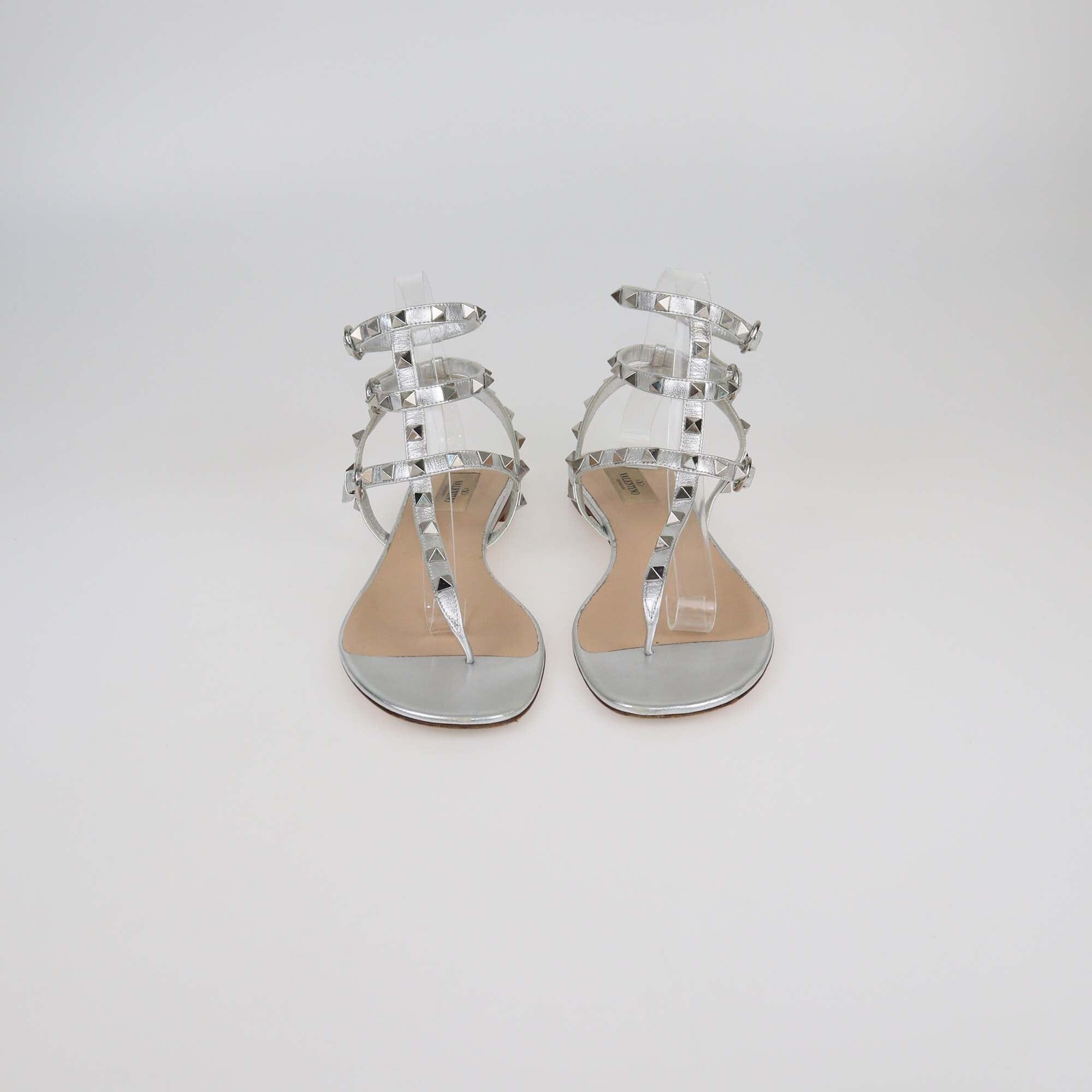 Valentino Silver Leather Rockstud Ankle Strap Flat Sandals Womens Valentino 