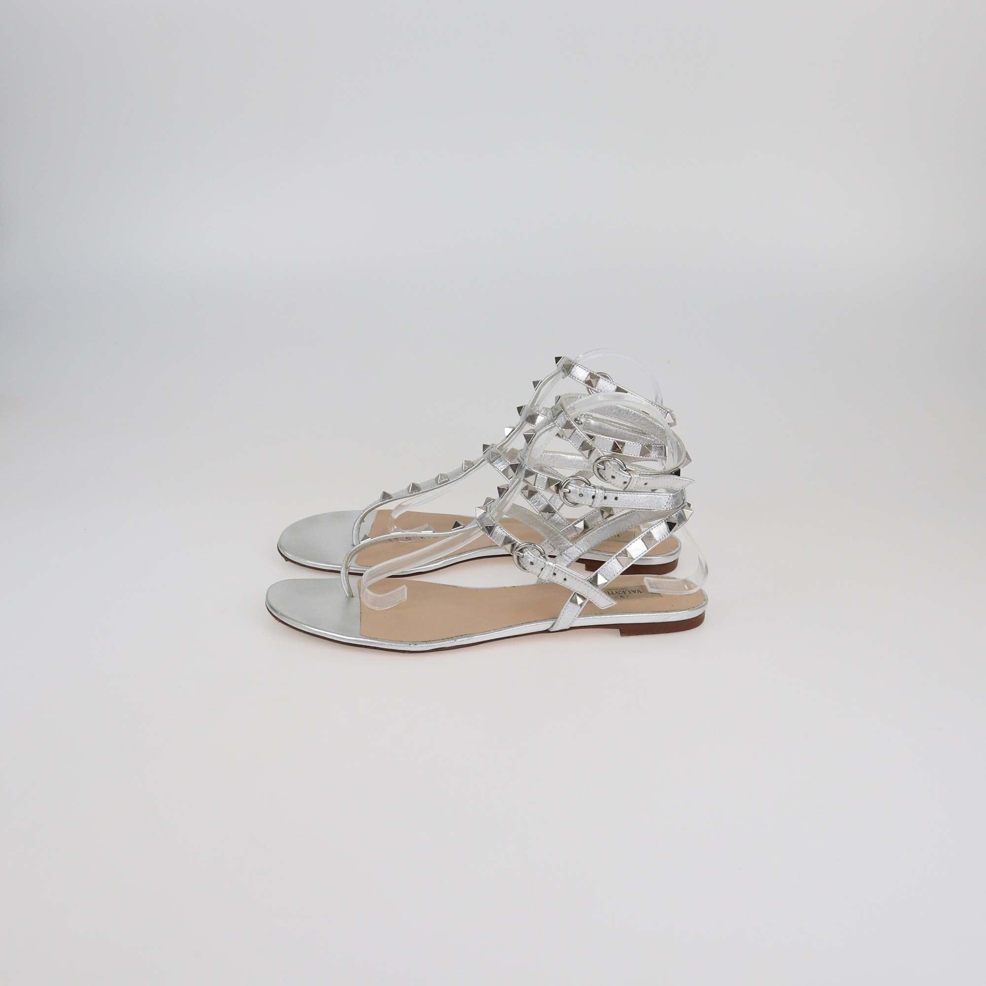 Valentino Silver Leather Rockstud Ankle Strap Flat Sandals Womens Valentino 