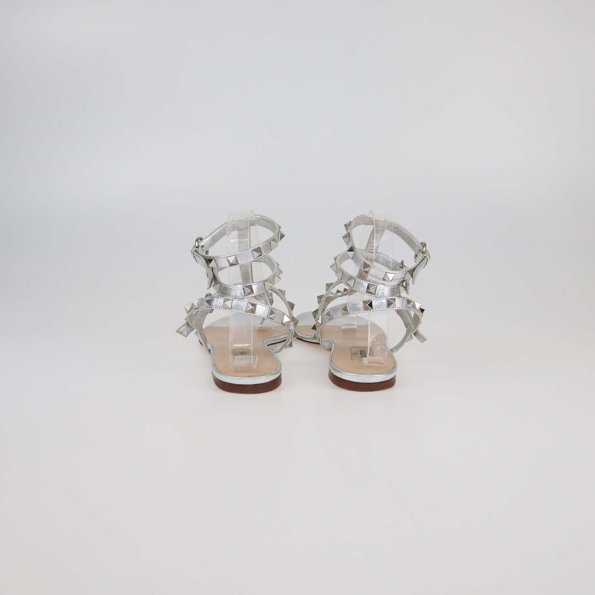 Valentino Silver Leather Rockstud Ankle Strap Flat Sandals Womens Valentino 