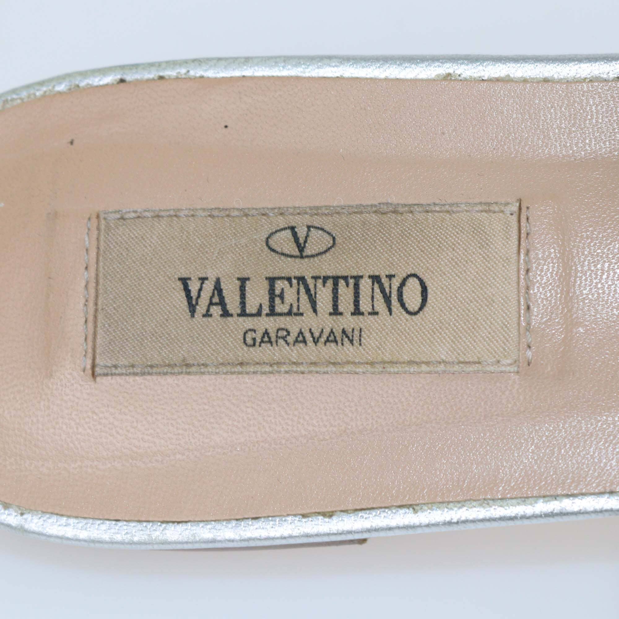 Valentino Silver Leather Rockstud Ankle Strap Flat Sandals Womens Valentino 