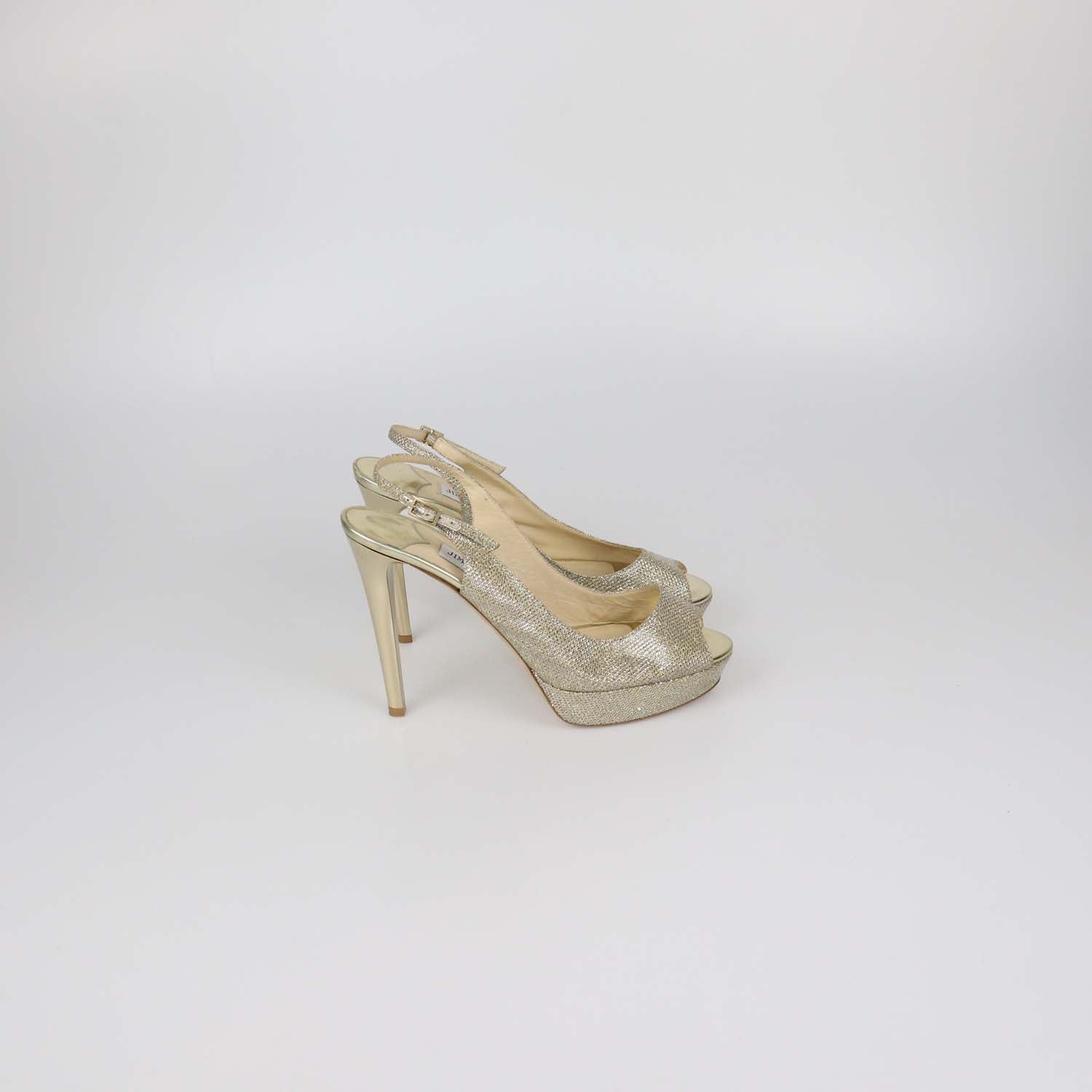 Jimmy Choo Gold Lurex Fabric Slingback Platform Sandals