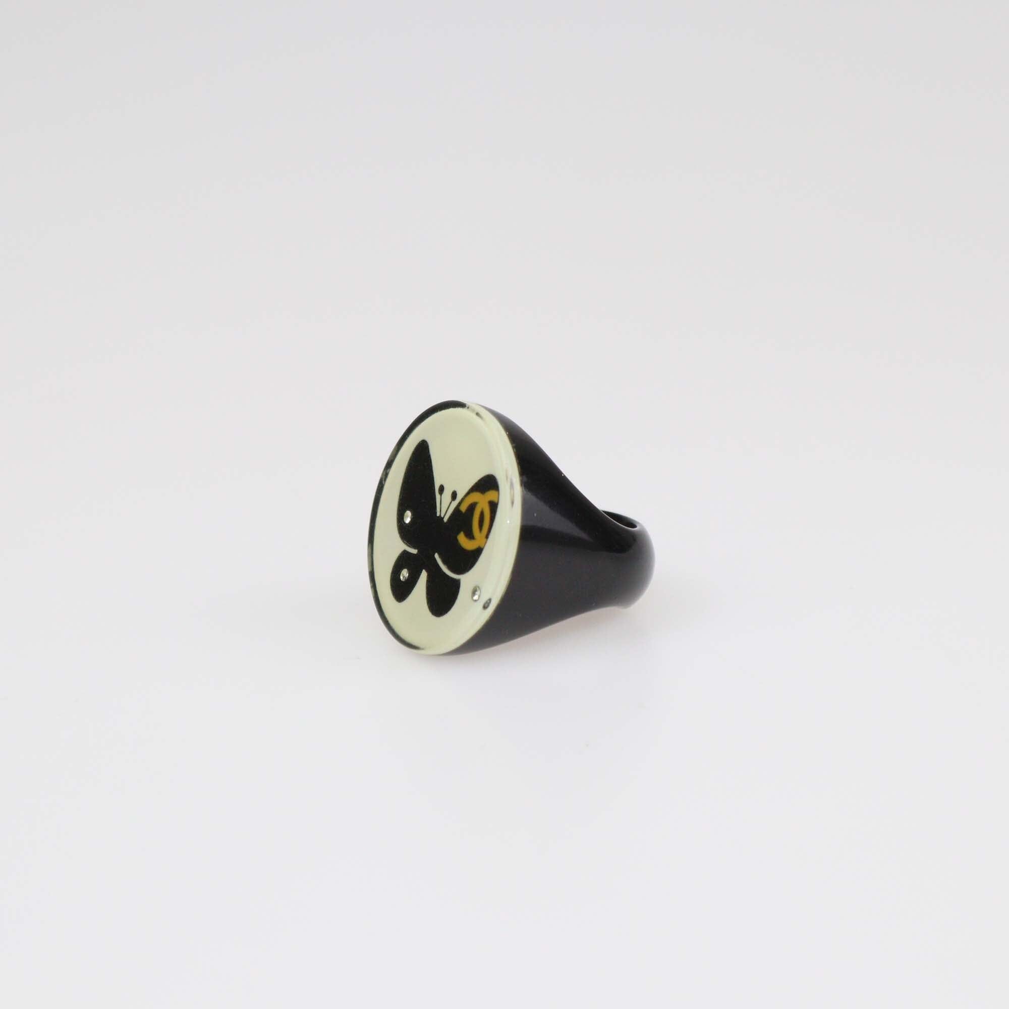 Chanel Black/Transparent Resin Butterfly Interlocking CC And Crystal Ring Size 7 Womens Chanel 