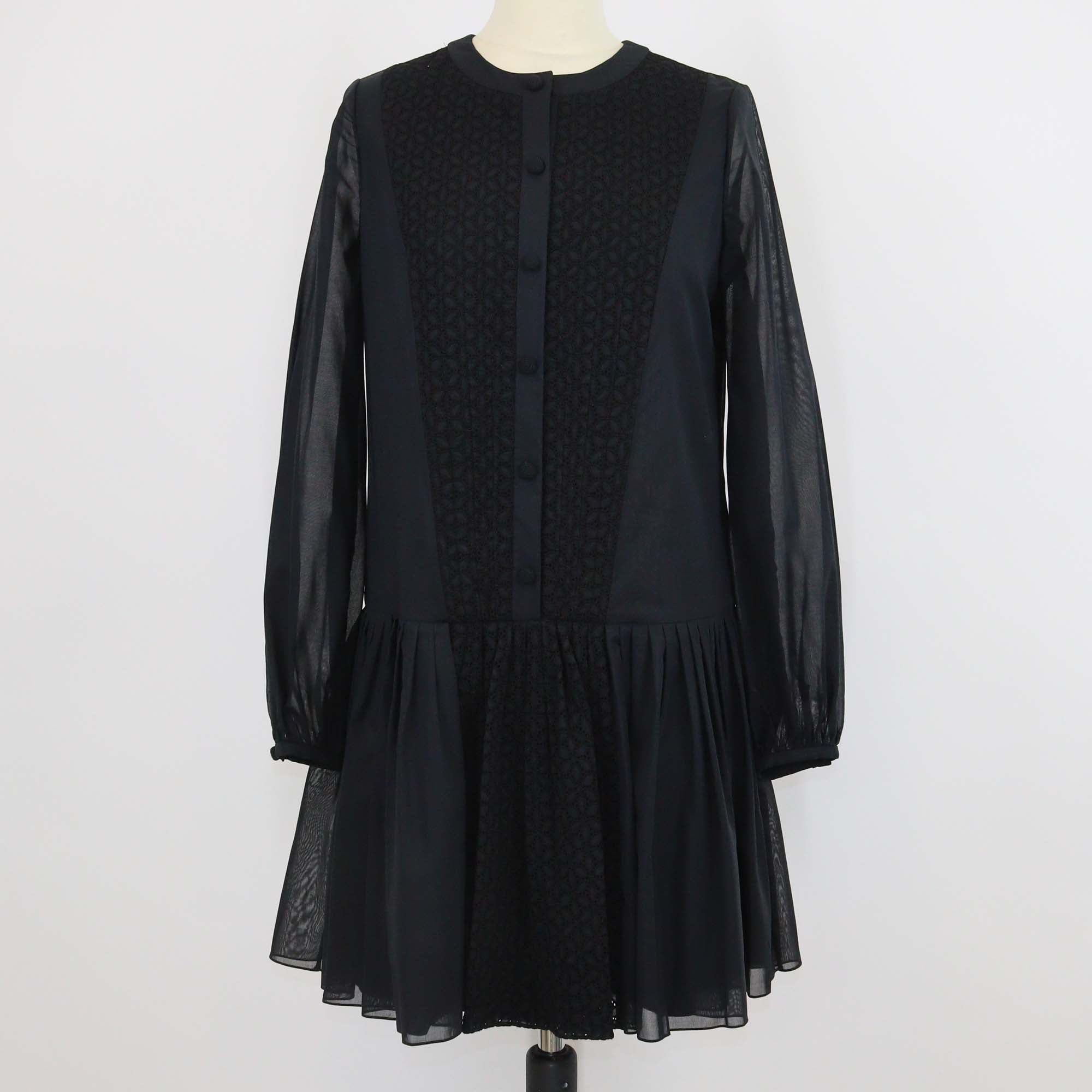 Saint Laurent Black Cotton & Silk Blend Embroidered Long Sleeve Mini Dress