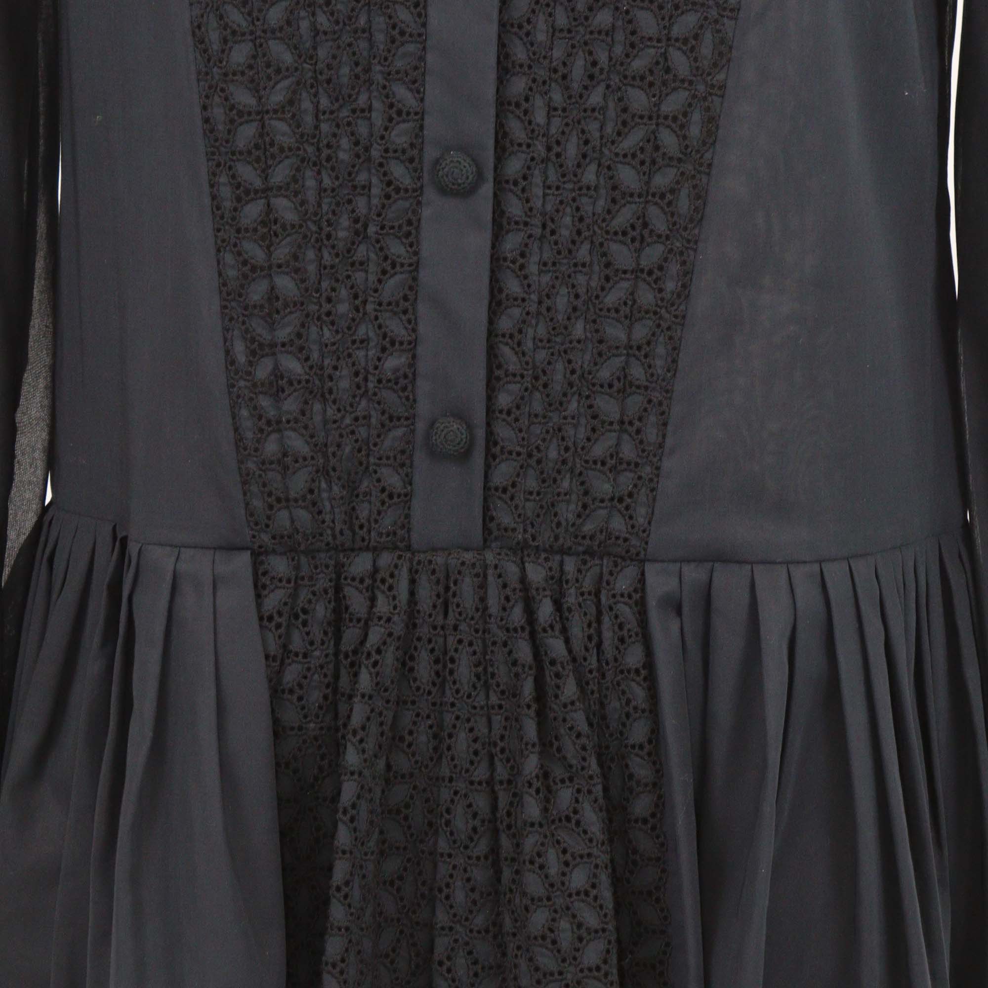 Saint Laurent Black Cotton & Silk Blend Embroidered Long Sleeve Mini Dress