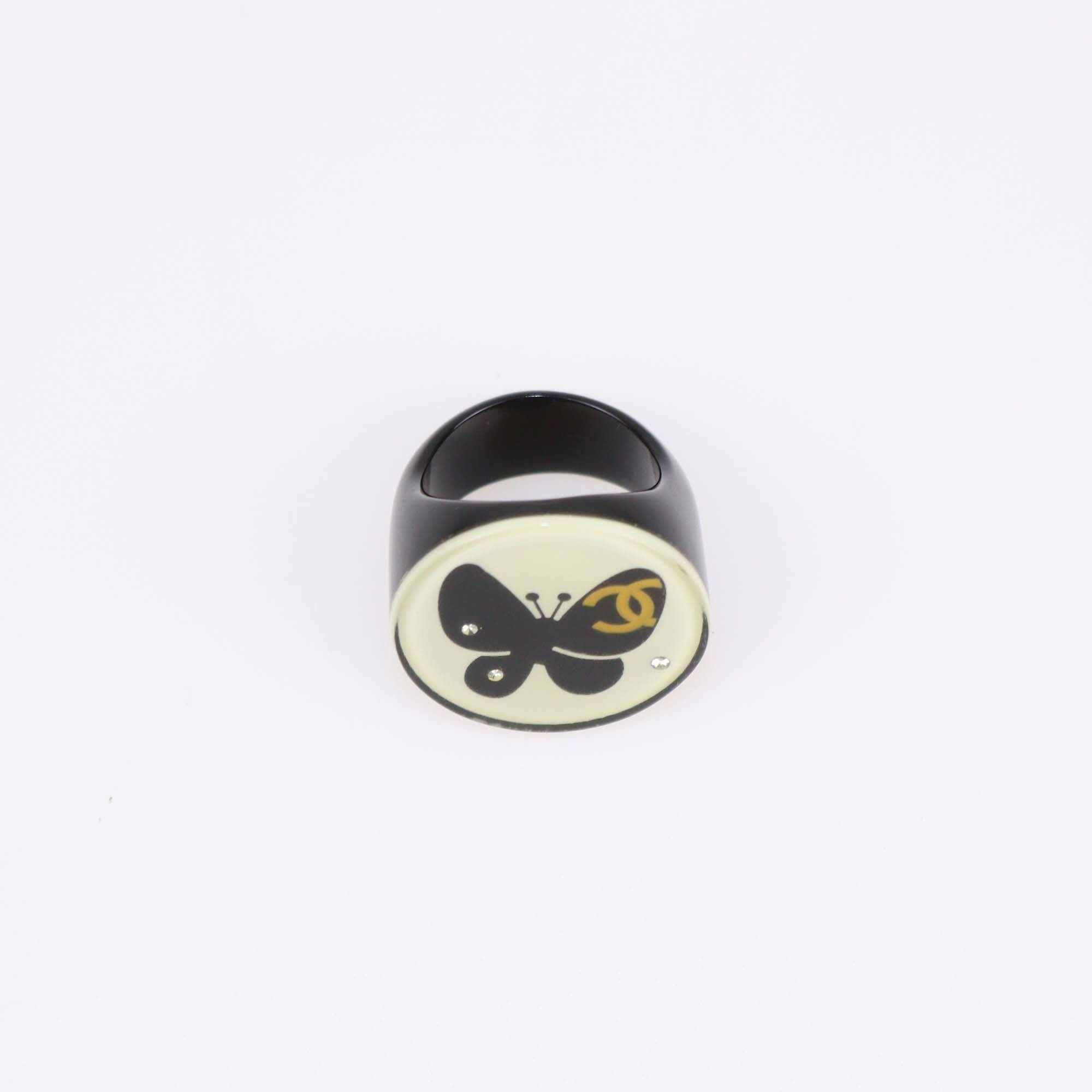 Chanel Black/Transparent Resin Butterfly Interlocking CC And Crystal Ring Size 7 Womens Chanel 