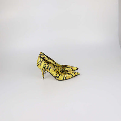 Versace Yellow/Black Leather Barocco Print Pointed Toe Pumps