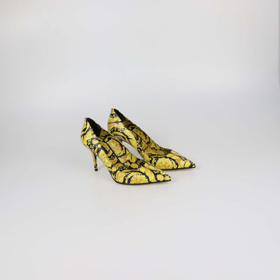 Versace Yellow/Black Leather Barocco Print Pointed Toe Pumps